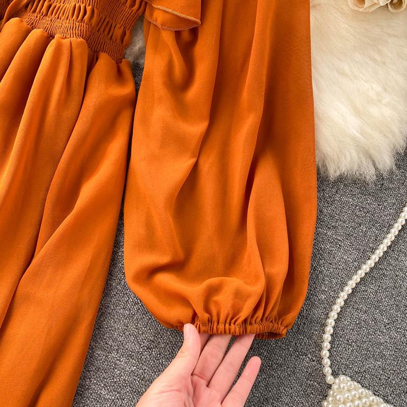 Chic Gentle Wind Dress Autumn Women's French Vintage Square Neck Magenta Bubble Sleeve Dress