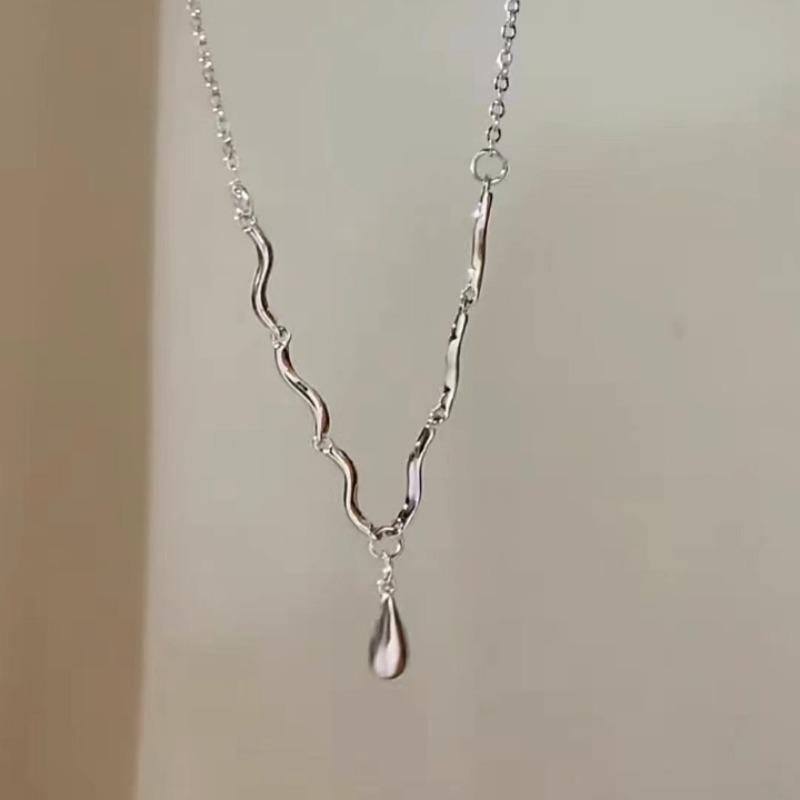 Silver Water Drop Wave Necklace Light Luxury Niche Sweet Cool Wind Women Light Luxury High-end New Collarbone Chain