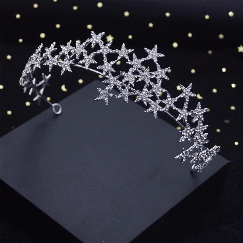 Fashion Baroque Metal Stars Rhinestone Crown Tiaras for Bride Headdress Queen Prom Bridal Diadem Wedding Hair Jewelry Girls