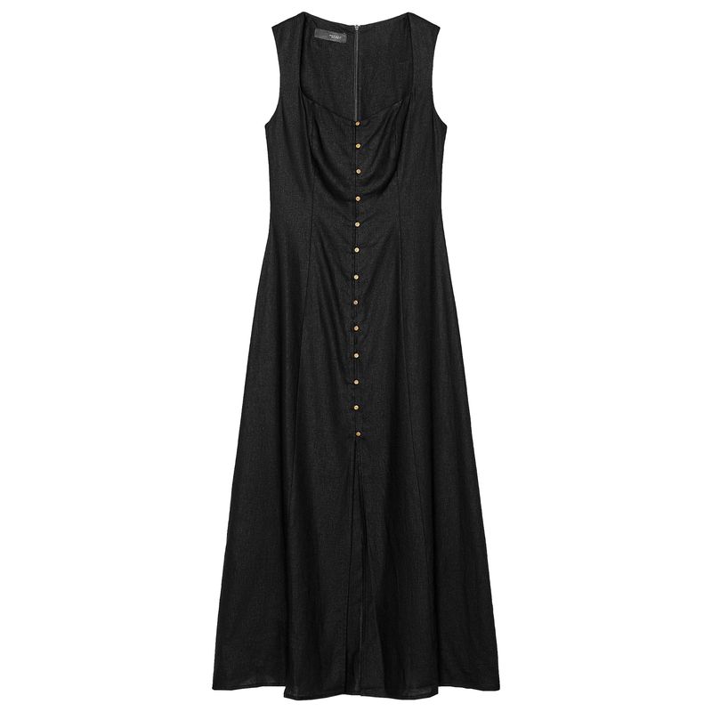 Zaprha 2025 New Arrival Hepburn Style Sleeveless Square Collar Elegant Linen Midi Skirt Dress Slim Looking 6962029