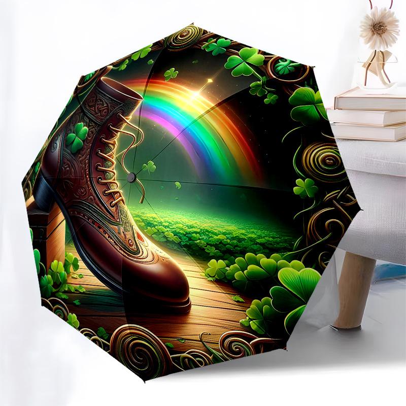 Irish Luck: Four-Leaf Clover Embroidered Boot Decor Umbrella, Cute Umbrella with Cute Design, Portable 3-Fold Compact Umbrella for Men & Women, Valent