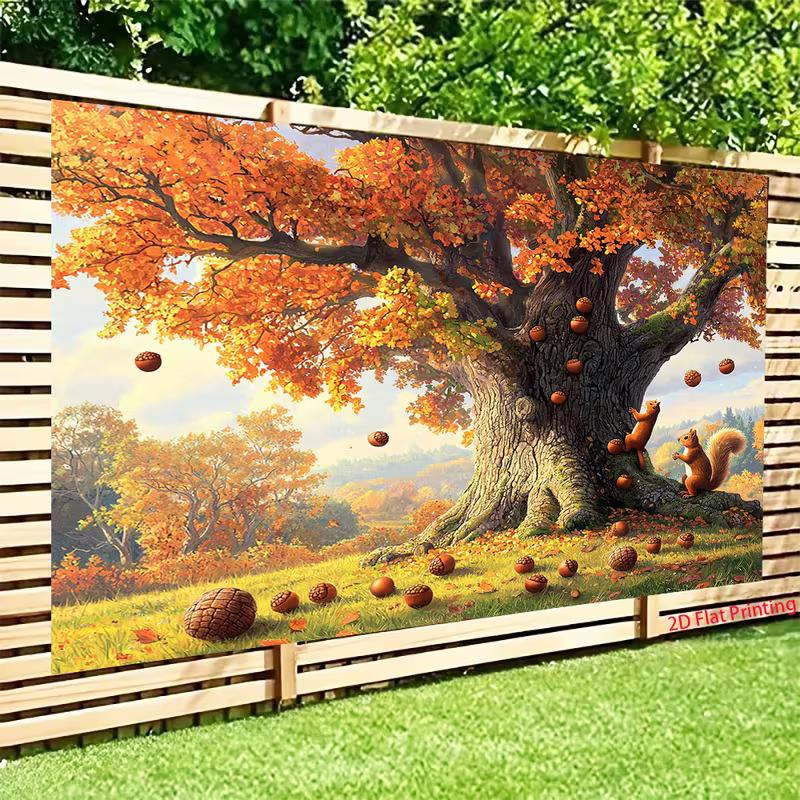 2D Fall Forest Backdrop, Autumn Oak Tree with Squirrels Background for Harvest Festival Decor