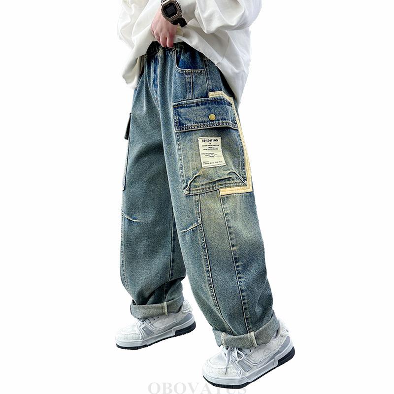 Jeans Cargo a Gamba Dritta Rilassati per Ragazzi Adolescenti Pantaloni in Denim Larghi con Tasche Pantaloni Casual per Bambini