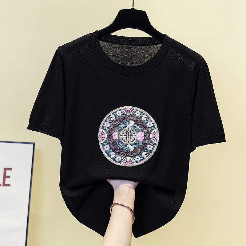 Chinese Style Ice Silk Sweater for Women New Summer Women's Thin Short-sleeved T-shirt Chinese Style Round Neck Top