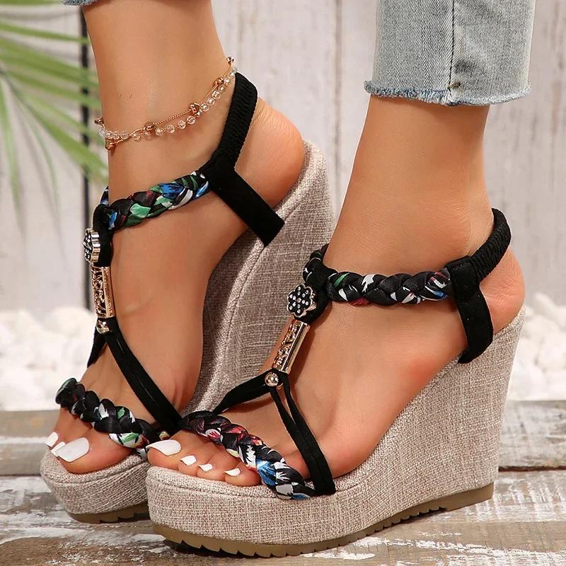 Fashion Plus Size Fashion Wedge Heel Sandals for Women Summer Bohemian Non Slip Beach Shoes Woman Braided Strap Chunky Platform Sandals
