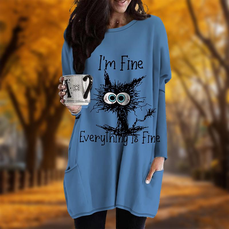 New In Autumn Melancholic Cat Print Plus Size Dress Women O'neck Long Sleeves Casual Pocket Dresses