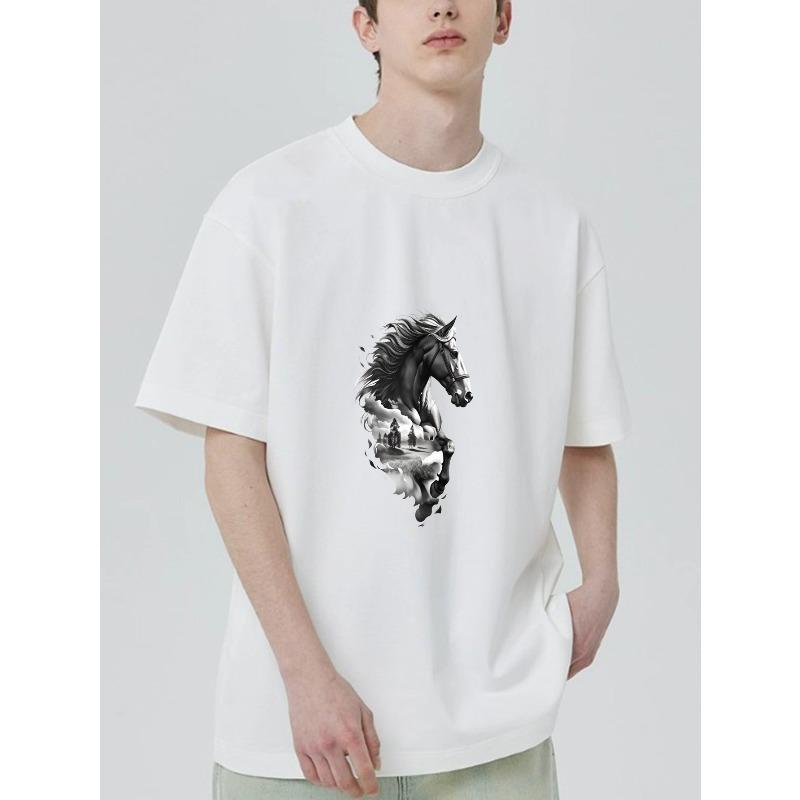 Black T-Shirt With Horse And Landscape Print For Casual Wear
