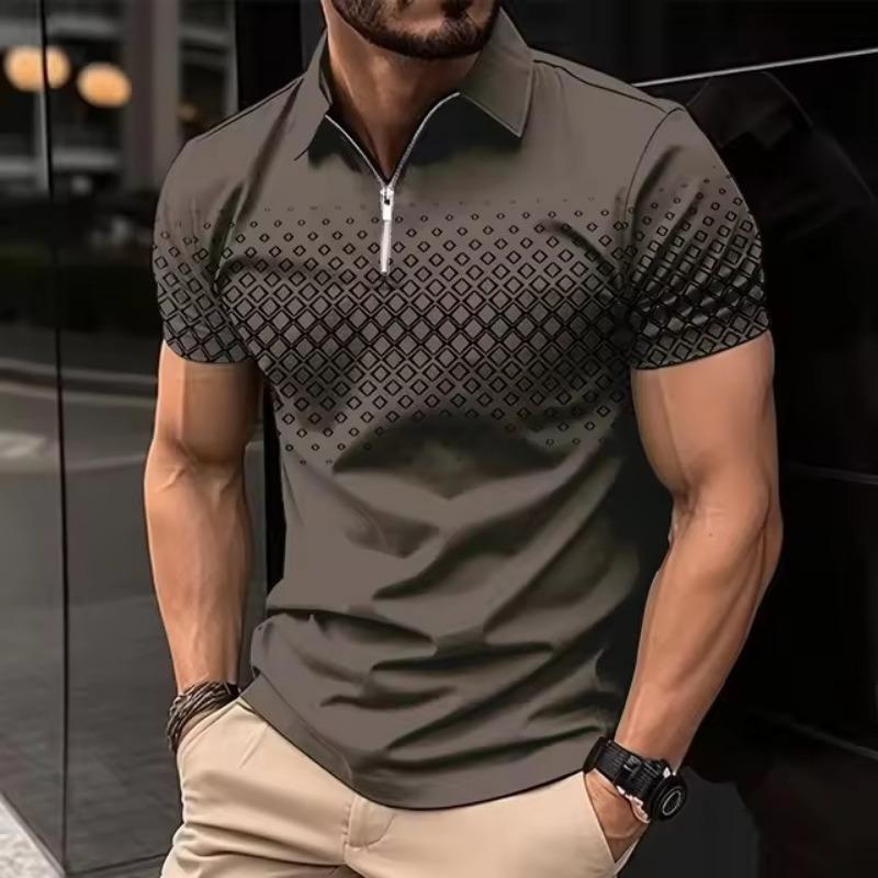 Men lapel half zip short sleeve polo shirt gradient diamond grid print slim fit casual daily golf outdoor top