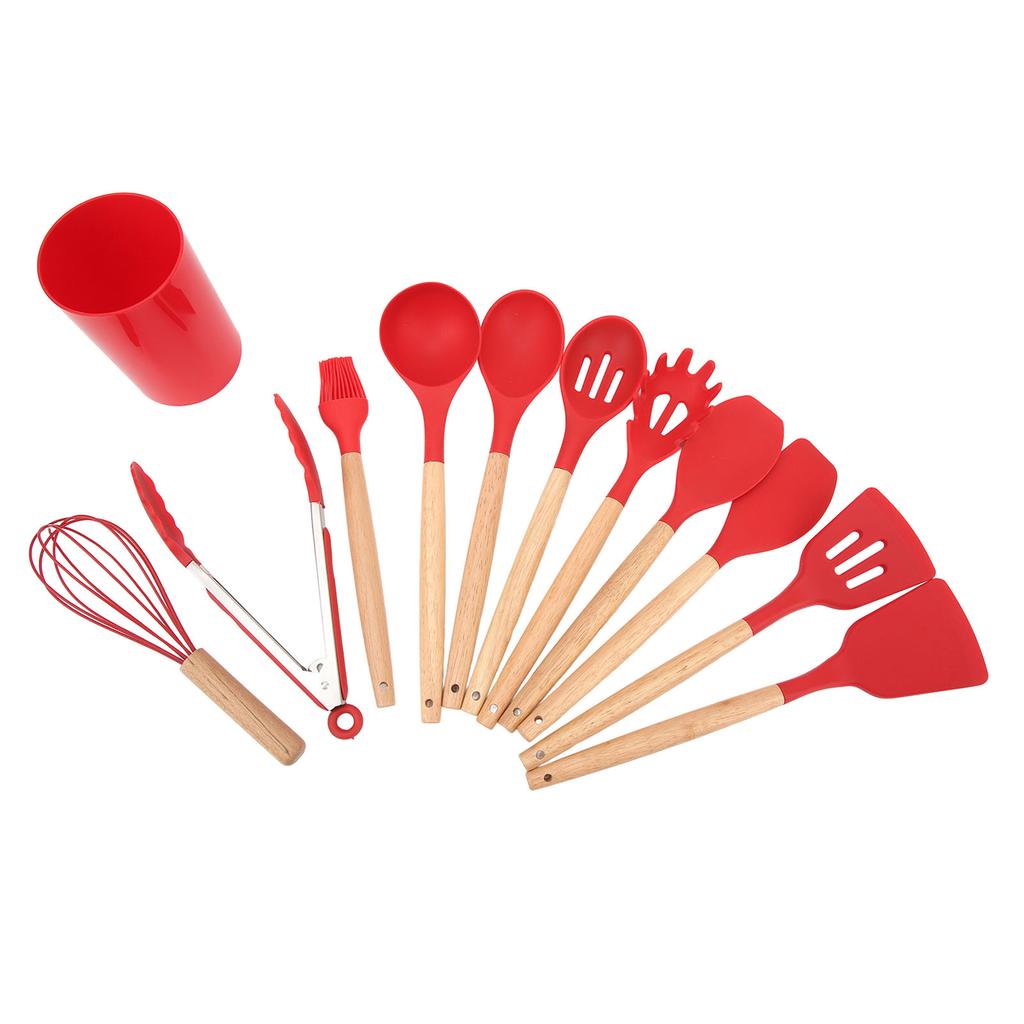 12 PCS Kitchen Cooking Utensils Set Ergonomic Wooden Handle Silicone Kitchen Gadgets Kitchenware for Cooking Red