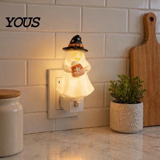 Soft Glow Night Light Halloween Pumpkin Ghost with Witch Hat, Resin Bedroom Plug-in LED Light, Spooky Wall Sconce for Party Home