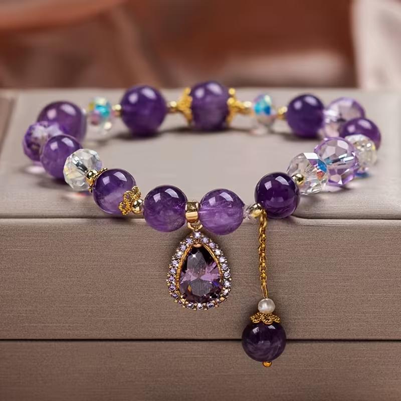 Fashion Purple Crystals Beaded Bracelets for Women Round Beads Purple Four-leaf Clover Drop Bracelet Lucky Stretch Hand Chain Jewelry for Wedding