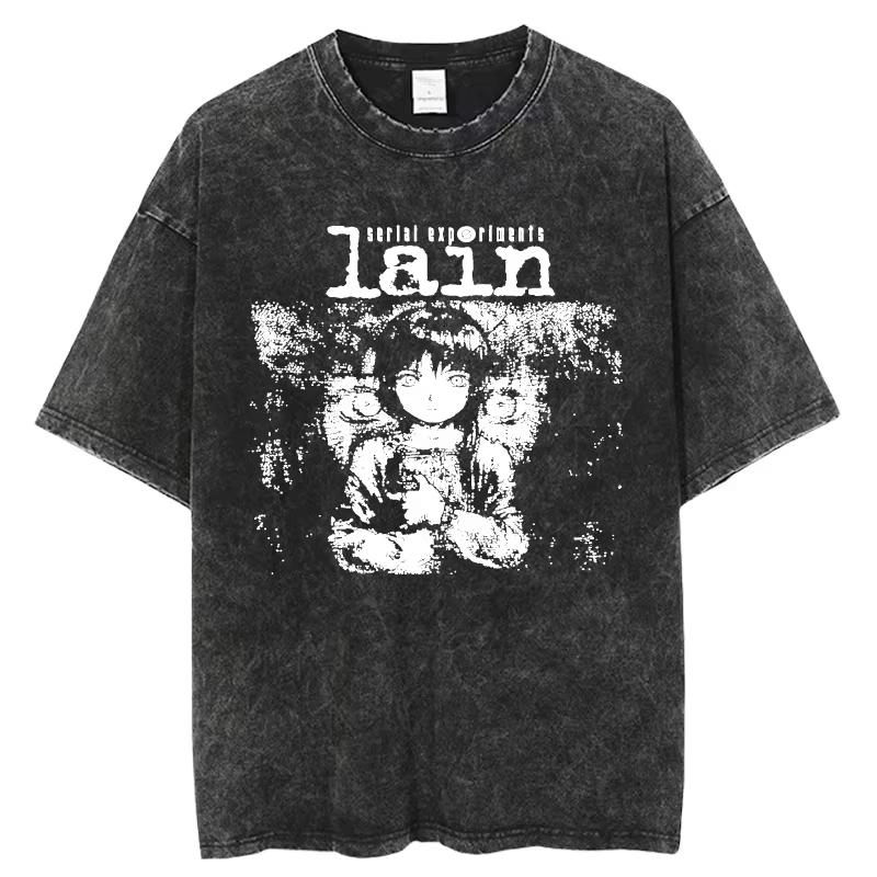 Anime Serial Experiments Lain Vintage Gewaschenes T-Shirt Sommer Herren Damen T-Shirt Baumwolle Harajuku Übergroß Kurzarm T-Shirts Oberteile