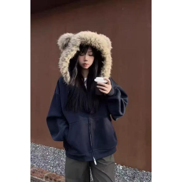 Cotton Blend Bear Ear Hooded Sweatshirt with Silver Fox Fur Collar for Women - Spring/Autumn Collection Large