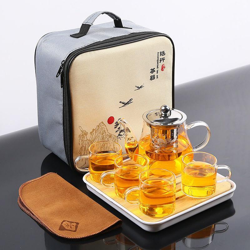 Juego de té chino Gongfu portátil Tetera de vidrio de borosilicato resistente al calor Bandeja de té Juego de tazas de té Una tetera de cuatro tazas Bolsa de regalo