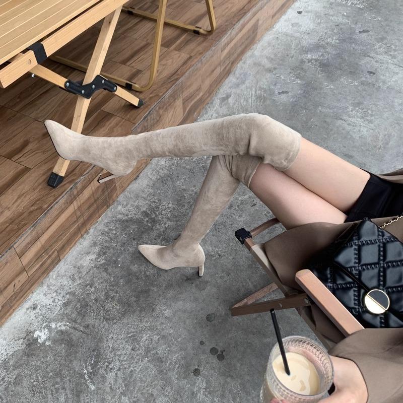 Pointed Over Knee Boots Khaki Suede Socks Boots 2025 All-in-One Boots Ultra High Heel Nude Boots Elastic Boots