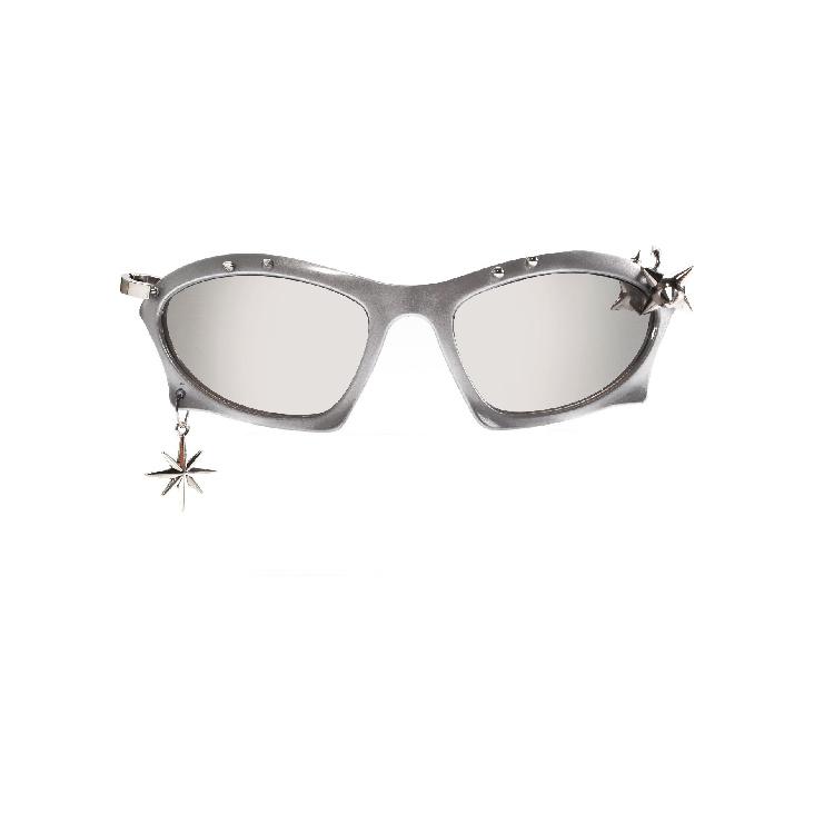 Trendy punk-style black sunglasses, unisex, with a unique cat-eye design, embellished with rhinestones, rivets, and a metal starburst pendant