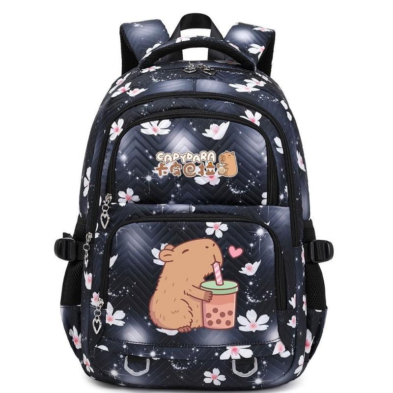 Capybara Print Youth School Backpack Teen Girls Boys Lightweight Multi-Compartment Nylon Bag With Air-Padded Straps