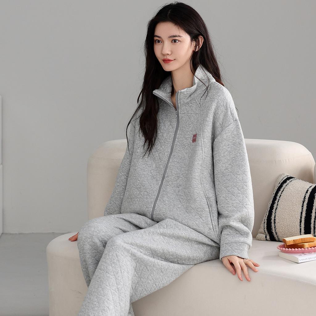 Air Cotton Pajamas Women'S Autumn And Winter Thickened Pure Cotton Long-Sleeved Interlayer Can Be Worn Outside Loungewear Thin Padded Zipper Set