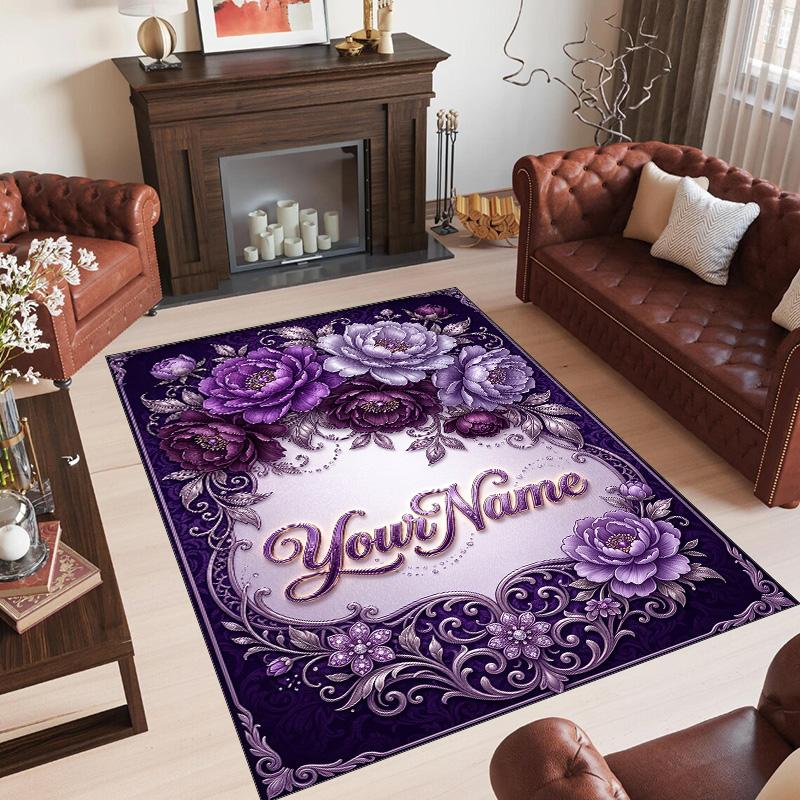 Floral Theme Crystal Velvet Rug Personalized Custom Name Text Soft Floor Mat Home Decor
