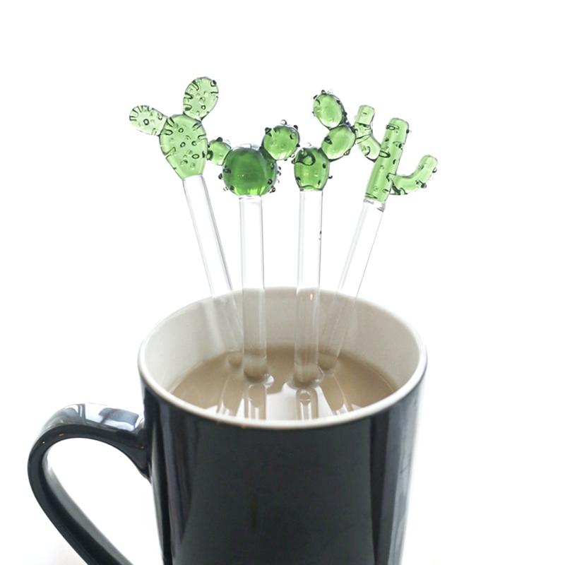 Cactus Glass Stirring Bar Coffee Stir Sticks Glass Reusable Drink Stir Stirrers for Chocolate Valentines Day Bar Party