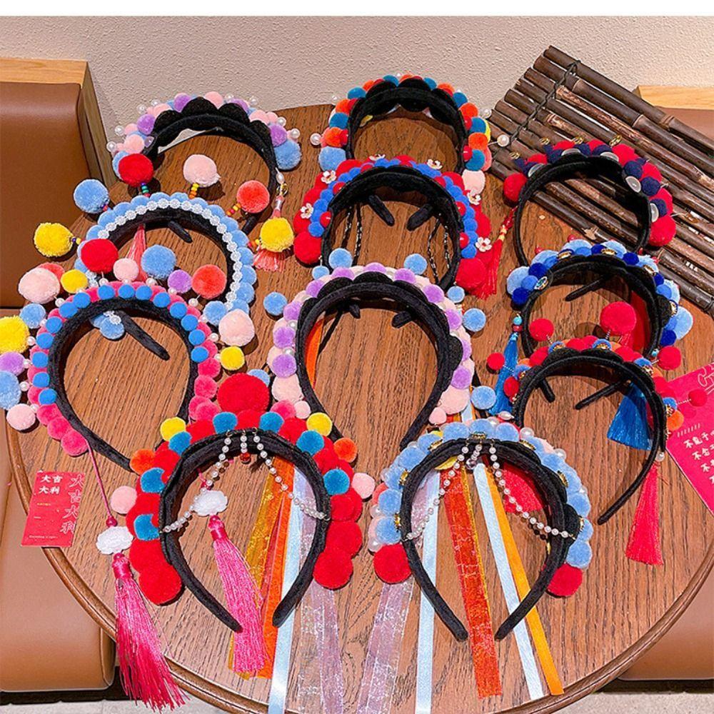 Pearl Beijing Opera Headband Tassel Ancient Style Red Hairband All-match Hanfu Headwear  Children