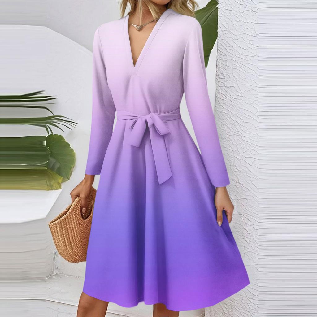 Women's Fashion Casual V-Neck Long Sleeve Waist Gradient Printed Midi Dress