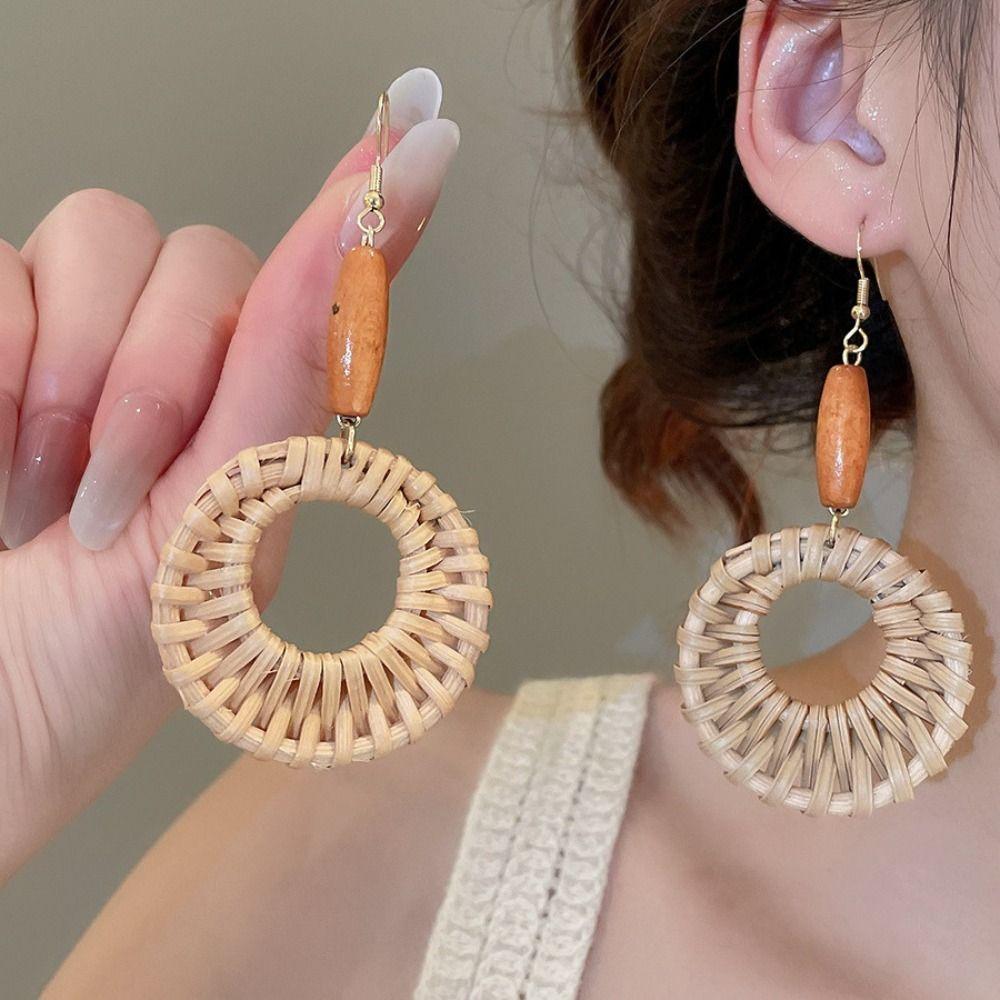 Round Rattan Weave Earrings Flower Beach Jewelry Cute Bohemian Drop Earrings  Wedding