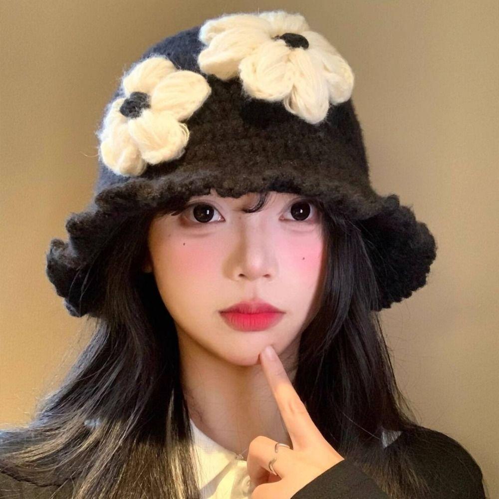Handmade Crochet Flower Knitted Hat Hollow Out Bowknot Beanies Hat Casual Flower Weave Cap  Outdoor