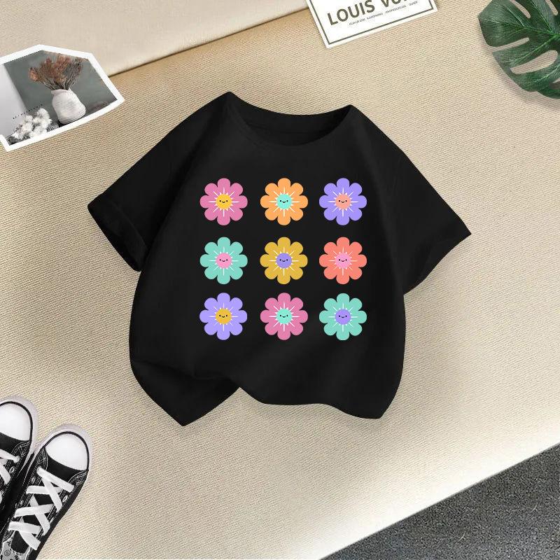 Children T-shirt FlowerPrinted Kids 100% Cotton Clothes Tops 2-13Y O-Neck Short-sleeve T-shirt