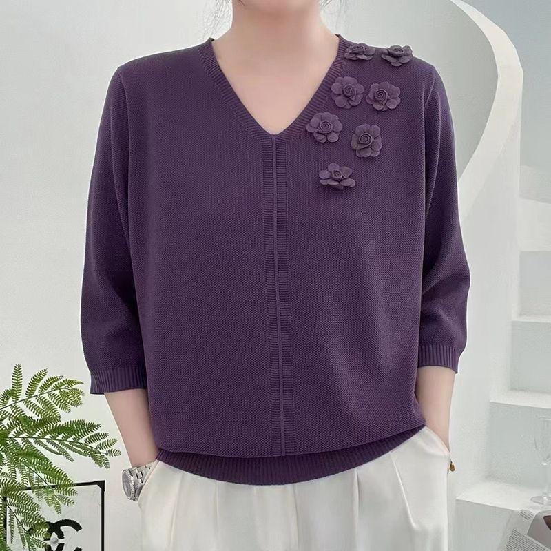 Spring Summer Women's Thin V-Neck Sweater 3D Flower Loose Fit Three-Quarter Sleeve Plus Size Sweater Solid Color Pullover Ice Silk Knit Top