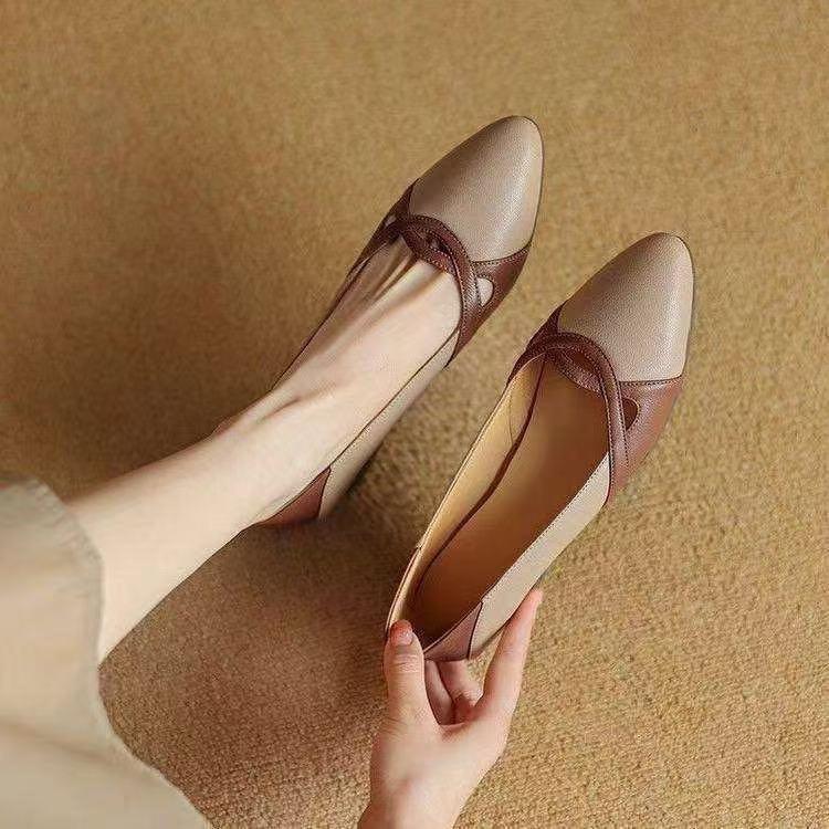 

Новые туфли-лодочки из мягкой кожи на низком каблуке, остроносые туфли с мелким вырезом, универсальная женская обувь 42 бежевый