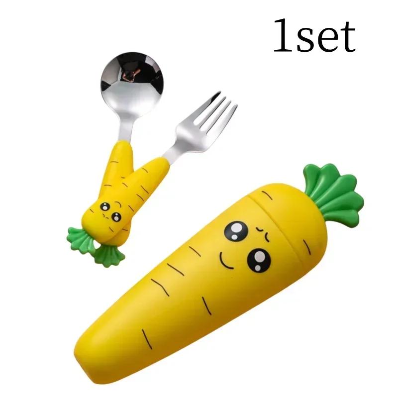 Carrots Set Children Dinnerware Stainless Steel Spoon Fork Flatware With Box Baby Feeding Tool Kitchen Tableware Supplies