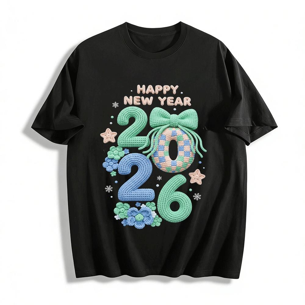 Happy New Year 2026 Knit Style Print Casual Top Pure cotton T-shirt XXS