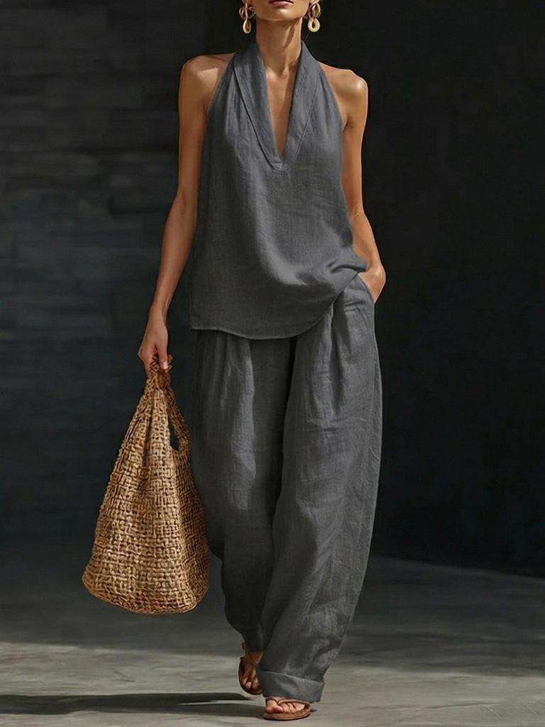 2026 new European and American style sleeveless loose shoulder suit women's summer casual wide-leg pants two-piece fashion trendy