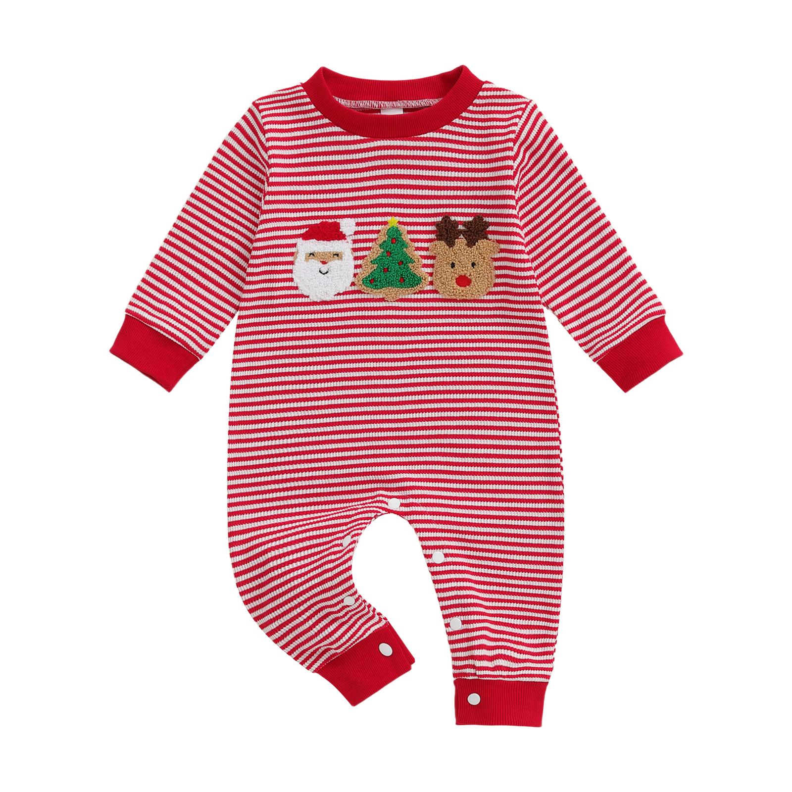 

Newborn Baby Boy Girl Romper Christmas Tree Embroidery Crew Neck Long Sleeve Fall Striped Jumpsuit 0-3M