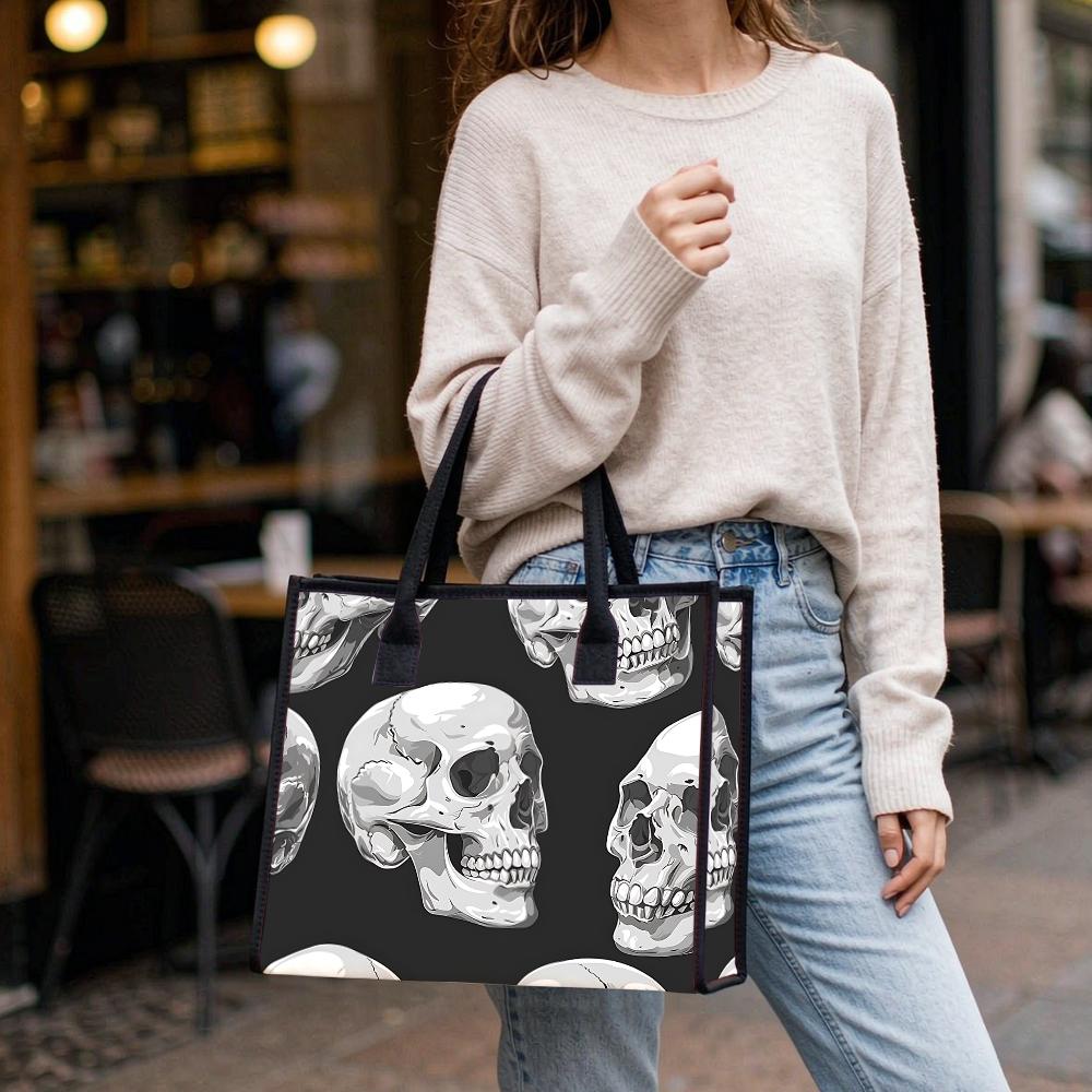 Skull Pattern Tote Bag Large Capacity Fashion Casual Shoulder Bag for Daily Use Shopping