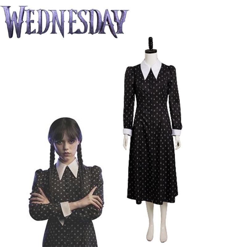 Die Addams Family Wednesday Cosplay Kostüm Schwarzes Kleid Halloween Party
