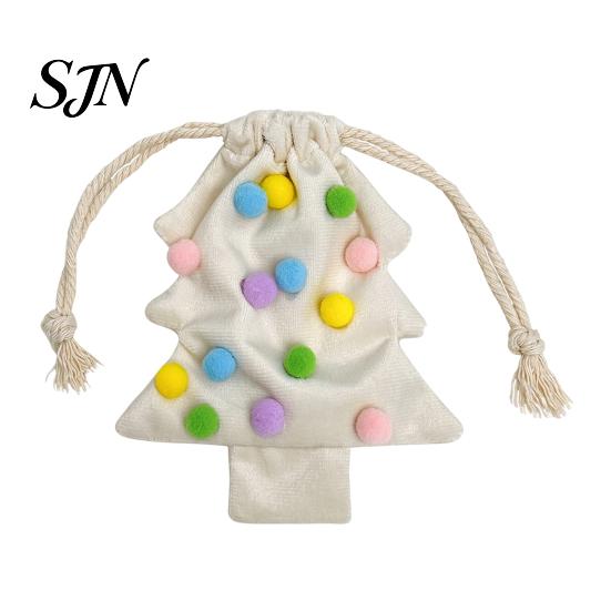 Indoor Holiday Scene Layout Props Christmas Tree Drawstring Gift Bag, Plush Pom Bell Hanging Durable Polyester Packaging Ornament, Reusable