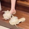 Fashion Shoes Woman 2025 Slippers Soft Flower Luxury Slides String Bead Square heel Pantofle Comfort Designer Block Summer New Floral