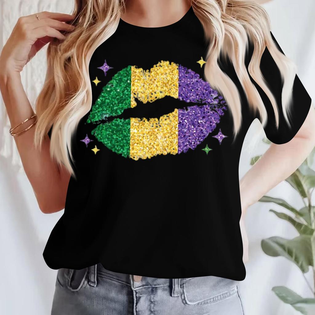 Women's Casual Carnival Print T-Shirt Round Neck Pullover Short Sleeve Top