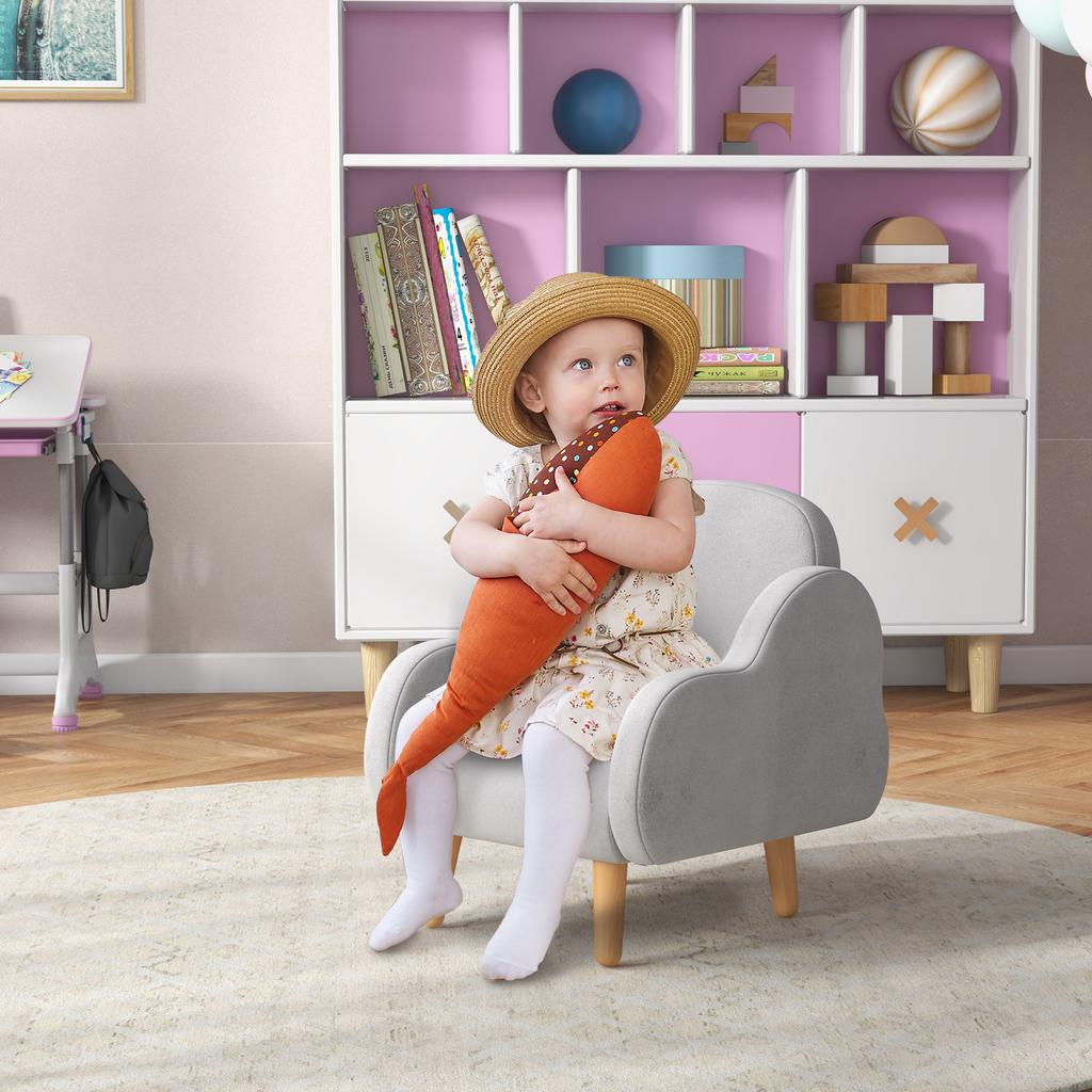 Kids Armchair Toddler Sofa Children Chair with Arm Rest, Wooden Frame, Velvet, PP Legs, Cloud Shape, for Ages 1.5-3 Years - Grey