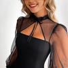 Black Mesh Lantern Sleeve Dress, Stand-up Neck Tie-up Waist A-word Short Skirt, Popular Direct Supply