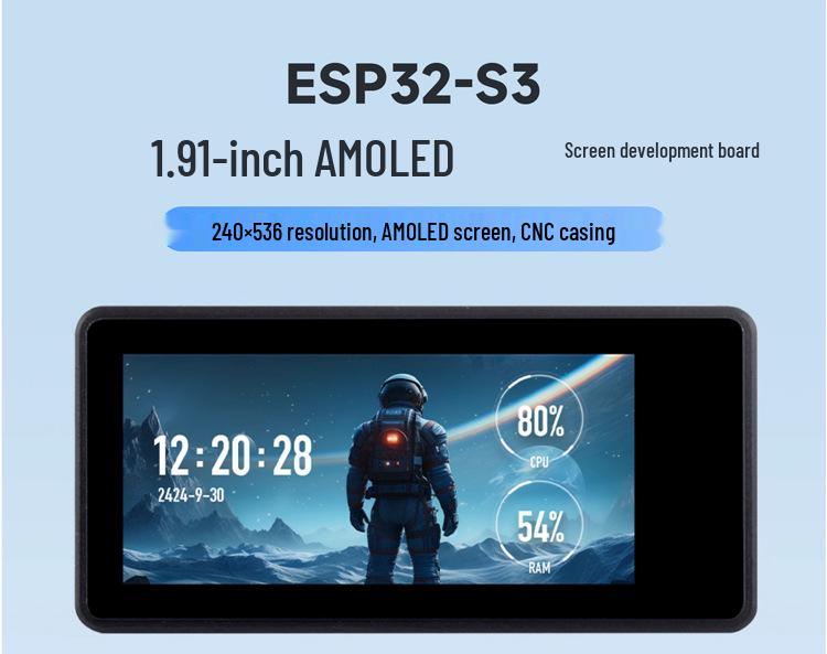 ESP32-S3 Dev Board with 1.91" AMOLED Touchscreen, WiFi, Bluetooth, LVGL GUI & 6-Axis Sensor