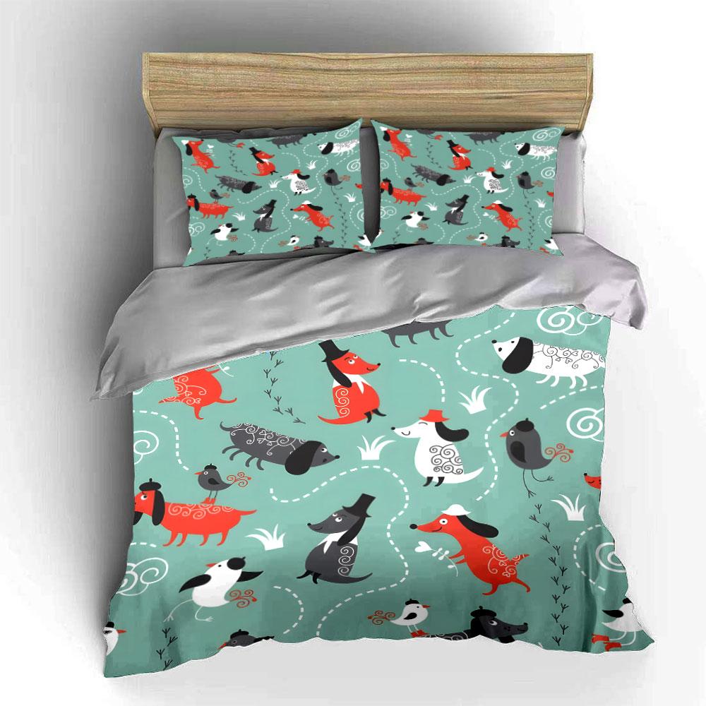 Playful Dogs and Birds Pattern Bedding Duvet Cover Set (1*Duvet Cover 2*Pillowcases, without duvet insert)