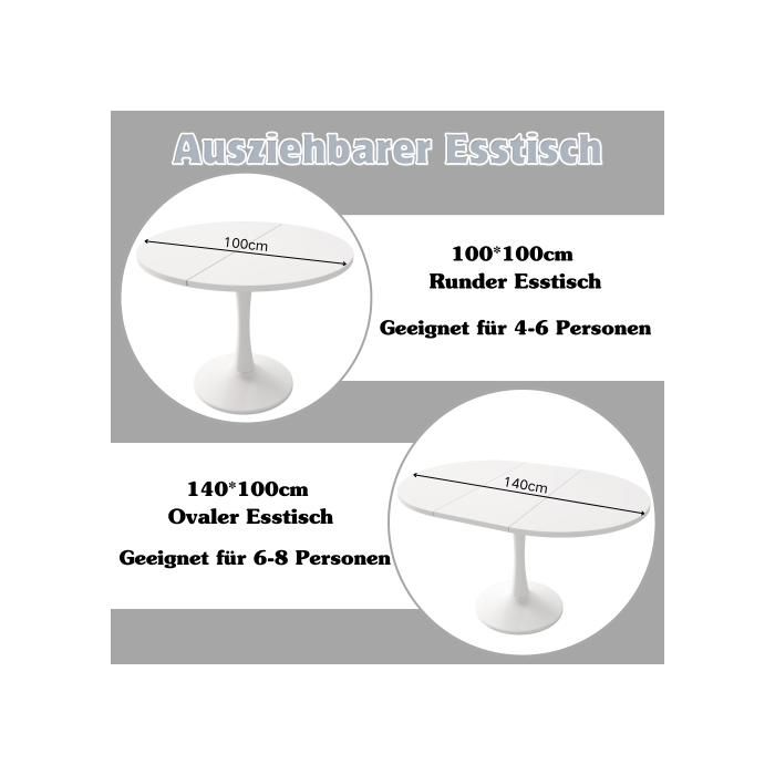 Table De Salle À Manger Ovale, Table D'appoint, L 100/140 X L 100 X H 75 Cm, Blanc