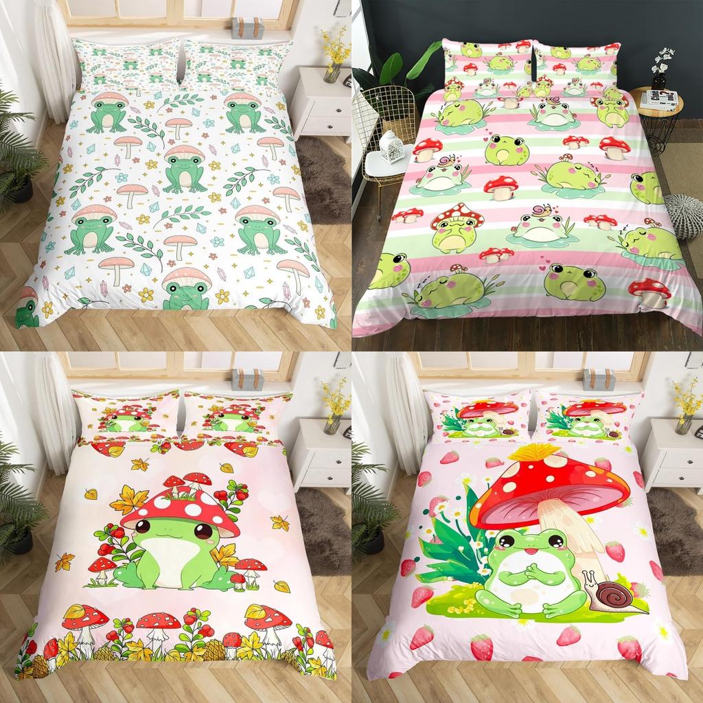 Cartoon Frogs And Mushroom Bedding Set Christmas Duvet Cover Set Single Twin Queen King Size No Filling Birthday Gift For Kids