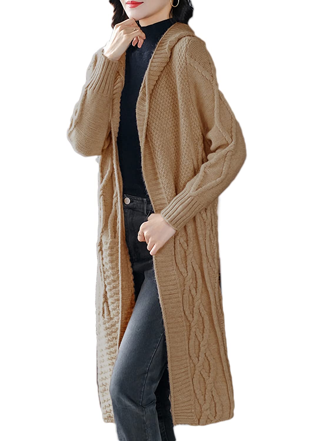 

Женский кардиган Monoa с капюшоном, длинный, размер F, рукав, вязка крупной вязки, без пуговиц, бежевый, n1587, бежевый