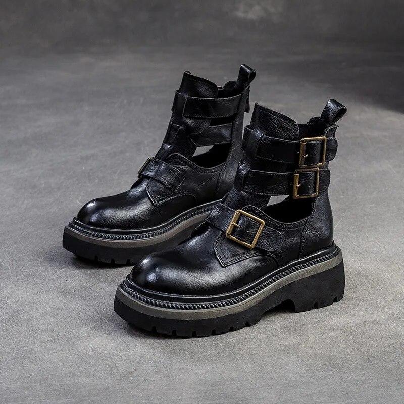 Johnature Römische Gladiator-Sandalen aus echtem Leder mit dicker Sohle, vielseitige modische Damenschuhe