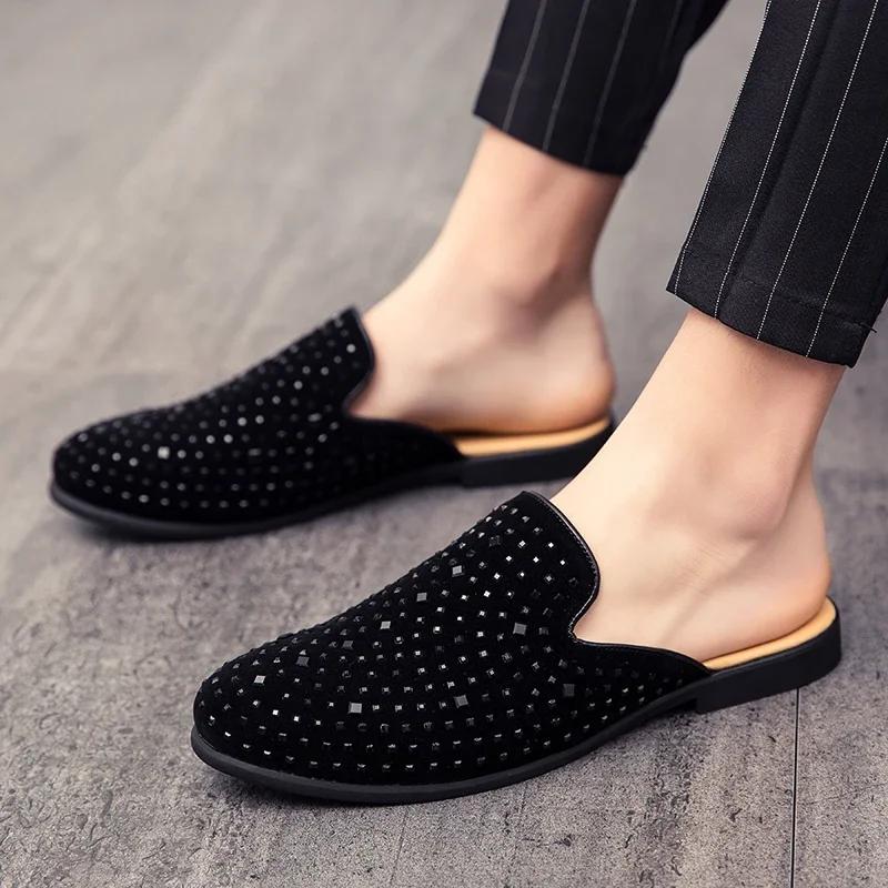 Men Half Slipper Shoes for Men Rhinestone Luxury Loafers Man Male Fashion Casual Shoes Mules