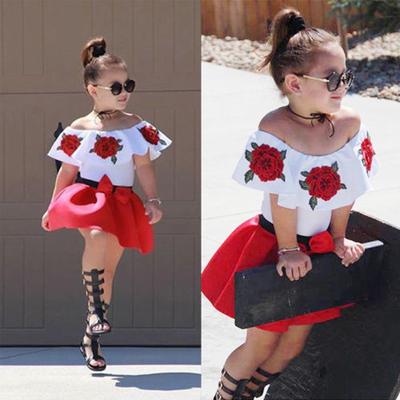 Toddler Baby Girls Sleeveless Off Shoulder Embroidery Rose Tops+Skirts Outfits